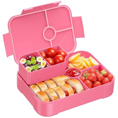 HOMETALL Bento Lunch Box for Kids - Leakproof Bento Box with 6 Compartments Portions Lunchbox for Kids Ages 3 to 7 Back to School, BPA-Free Snack Packing Containers Reusable On-the-Go Meal Prep, Pink