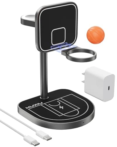 3-Point Power 3 in 1 Charging Station for Apple, KU XIU X85 Aluminum Alloy Magnetic Wireless Charger Stand with Mini Basketball & Hoop for iPhone 17/16/15/14/13/12, 5W for Apple Watch, AirPods, Black