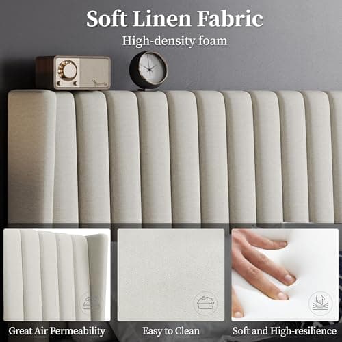 Yaheetech Full Bed Frame Upholstered Platform Bed with Fabric Headboard, Wing Edge Design/Non-Slip and Noise-Free/Wooden Slats Support/No Box Spring Needed/Easy Assembly, Ivory Full Bed 5