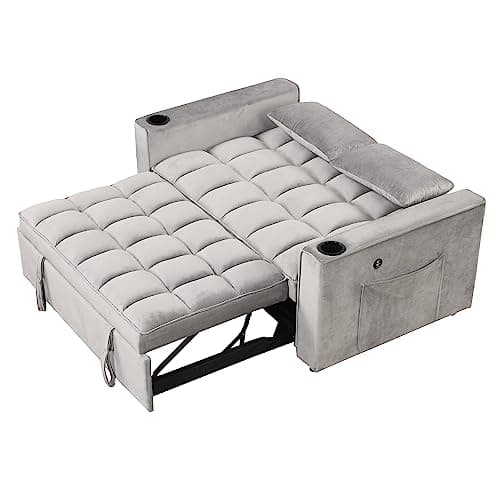 Multi-Functional Futon Loveseat Pull Out Couch , Velvet Upholstered Convertible Sleeper Sofa Bed with Cupholders and USB Ports , 2 Seater Love Seat Lounge Chaise w/ Adjustable Backrest RV Furniture 6