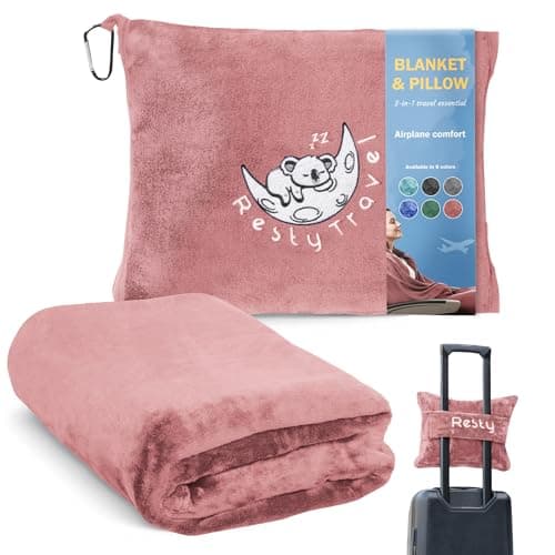 Resty 65"x40" Traveling Airplane Blanket, Pink – Lightweight, Velvety Soft Blanket That Becomes a Travel Pillow – Must-Have Comfort for Planes & Road Trips – Travel Essentials for Women & Men