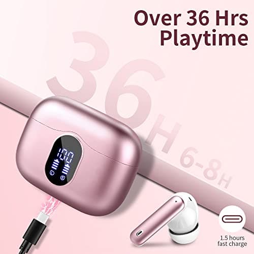 Wireless Earbuds Bluetooth 5.3 Headphones Bass Stereo Ear Buds with Noise Cancelling Mic LED Display in Ear Earphones IP7 Waterproof 36H Playtime for Laptop Pad Phones Sports Workout Pink Gold 7