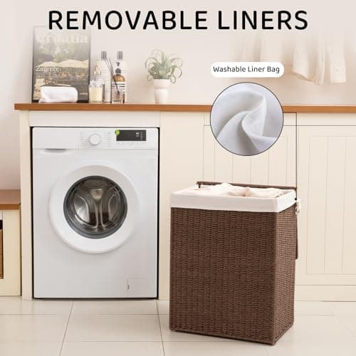 OIAHOMY Laundry Hamper with Lid, 23.8 Gal (90L) Wicker Hamper with Removable Liner Bags, Handwoven Clothes Basket with Handles, Foldable Woven Paper Rope Basket for Laundry Room, Bedroom-Brown 6