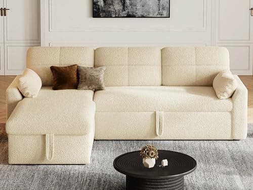 YITAHOME 86" Sleeper Sofa, 2 in 1 Convetible Sofa Bed with Pull Out Couch Bed and Storage Chaise,L-Shape Sectional Sofa for Living Room, Teddy Fleece, Beige 7