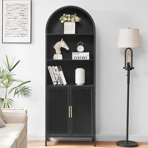 HUSHEDIFY Arched Bookcase Book Shelf with Doors, 5 Tier Tall Display Bookshelf Cabinet with Storage, Industrial Floor Standing Bookshelves Open bookcases for Home Office, Living Room(Black)