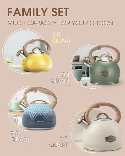 Hauce Radio Tea Kettle Stovetop Teapot, 2.5 Quart Loud Whistle Food Grade Stainless Steel and Smooth Wood Pattern Handle, Sophisticated Look for Hiking, Picnic, for Tea, Coffee Milky White 7