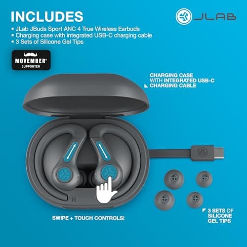 JLab JBuds Sport ANC 4 True Wireless Bluetooth Earbuds + Charging Case, Graphite, Swipe + Touch Controls, Hybrid Active Noise Cancelation, Multipoint Connect, Customized Settings App 7