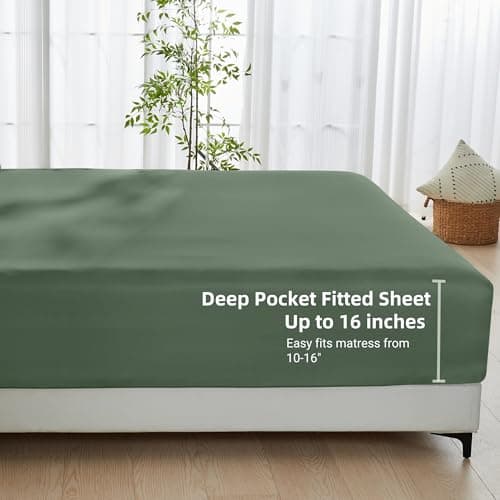 GOKOTTA Fitted Sheet Only - 16 Inch Pocket Bamboo Rayon Fitted Sheet, Super Soft and Cooling Bottom Sheet with 4 Elastic Corner Straps(Green, King Size) 6