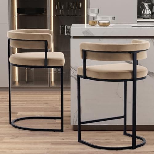 Rongbuk Set of 2 Brown Modern Velvet Bar Stools with Barrel Backrest, Upholstered Seat, and Black Metal Footrest – 25.6-Inch Seat Height, Ideal for Counters, Home Bars, and Kitchen Islands 7
