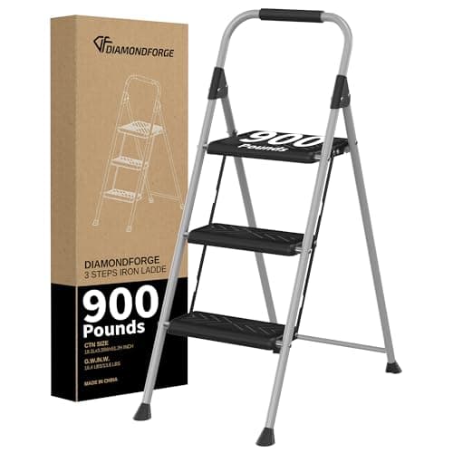 DIAMONDFORGE 3-Step Ladder Folding Step Stool with Anti-Slip Wide Pedal & Soft Handle, Heavy Duty Steel Construction, 900 lbs Capacity for Home & Office, Grey
