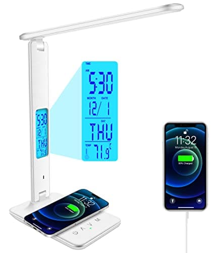 snsok Desk Lamp with Wireless Charger, USB Charging Port, Dimmable Office Desk Light with Clock, Alarm, Date, Temperature, Foldable Lamp for Table Bedroom Bedside Office (White)