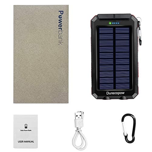 Durecopow Solar Charger Power Bank, 8000mAh Portable Outdoor Waterproof Solar Battery Charger, Camping External Backup Battery Pack USB C Ports Input/Output, 2 Led Light Flashlight with Compass (Red) 9