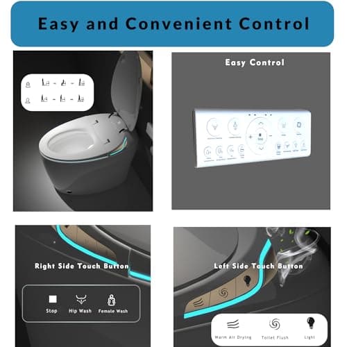 WinZo Luxury Smart Toilet With Bidet Seat, Elongated Egg Shaped Modern Design, Auto Open Auto Flush, Adjusted Heated Seat, Warm Water and Dryer, Night Light, Side Buttons, Matte Black 5