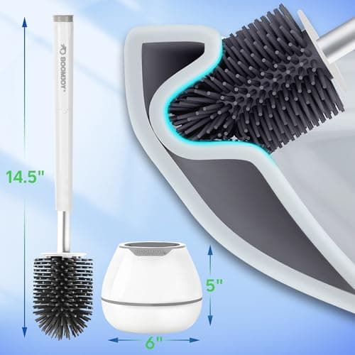 BOOMJOY Toilet Brush and Holder Set, Silicone Toilet Bowl Cleaner Brush, Bathroom Cleaning Bowl Kit with Tweezers, Bathroom Accessories with Aluminum Handle - White 6