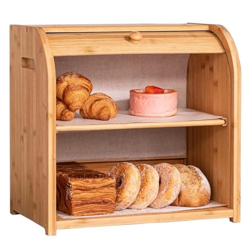 UIELPT Double Layer Large Bread Box for Kitchen Counter,Bamboo Big Capacity Bread Storage Bin,Counter-Large Capacity Bread Storage Container Farmhouse Bread Box with Flexible Sliding Door