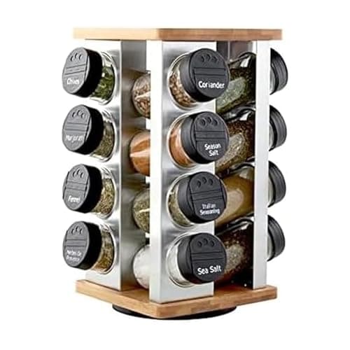 Kamenstein 16 Jar Warner Revolving Countertop Spice Rack Organizer with Lift & Pour Caps and Spices Included, FREE Spice Refills for 5 years, Stainless Steel & Bamboo with Black Caps