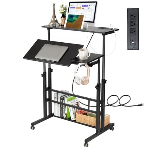 Hadulcet Stand Up Desk, Rolling Desk Adjustable Height, Mobile Standing Desk with Wheels & Charging Station, Portable Stand for Laptop, Rolling Computer Cart TV Tray, Small Standing Desk Drawing Table