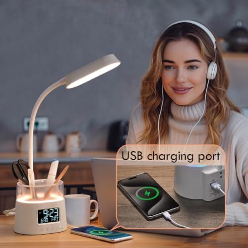 WILIT LED Desk Lamps for Home Office with Pen Holder, Table Lamp for Bedroom with USB Charging Port & Clock, RGB Night Light, Study Lamp for Kids Student, Desk Lamp for College Dorm Room Essentials 8