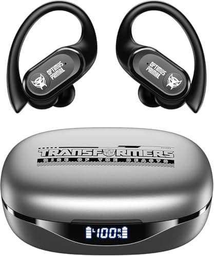 Transformers Over The Ear Earbuds Wireless Bluetooth 5.4 LED Power Display Earbuds with Earhooks 65H Playtimes Deep Bass IPX5 Waterproof Ear Buds for Sports/Workout, TF-T26 Optimus Prime