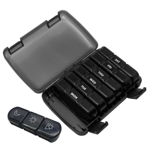 Ezy Dose Weekly (7-Day) Daily Medtime Pill Organizer Case, Vitamin Planner and Medicine Container, Removable Large Pop-Out Individual Compartments, 3 Times a Day, Travel Friendly Black, BPA Free