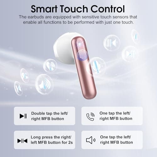 Wireless Earbuds, Bluetooth 5.4 Headphones in Ear Buds, HiFi Stereo Wireless Earphones with 4 ENC Noise Cancelling Mics, 40H Wireless Headphones with IP7 Waterproof, Dual LED Display USB C, Rose Gold 5