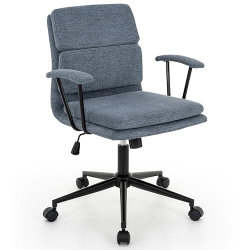 422 Modern Linen Office Chair with Removable Padded Armrests, Premium Double Cushion, 135° Rocking Mid Back Ergonomic Computer Task Chair with Wheels for Home Study&Meeting(Blue Grey)