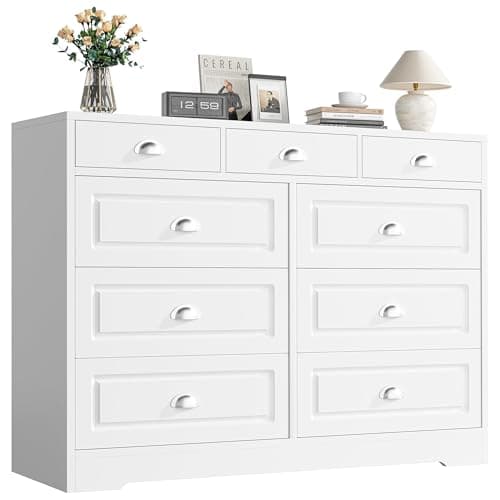 Shintenchi Dresser for Bedroom with 9 Drawers,Double Dresser & Chest of Drawers Wooden Organizer with Metal Handle, Storage TV Stand for Living Room,White