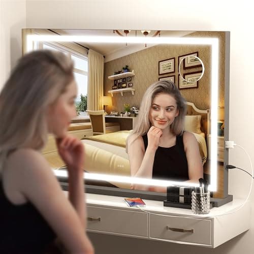 Hasipu Vanity Mirror with Lights, 32" x 22" LED Makeup Mirror, Lighted Makeup Mirror with Dimmable 3 Modes, Touch Screen Control Vanity Mirror Square Black 5