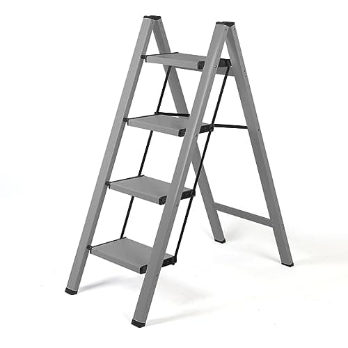 4 Step Ladder Lightweight Folding Step Stool, Aluminum Portable Lightweight Ladder for Home and Office Use, Anti-Slip Pedal 330 Lbs Capacity Household Stepladder(Gray)