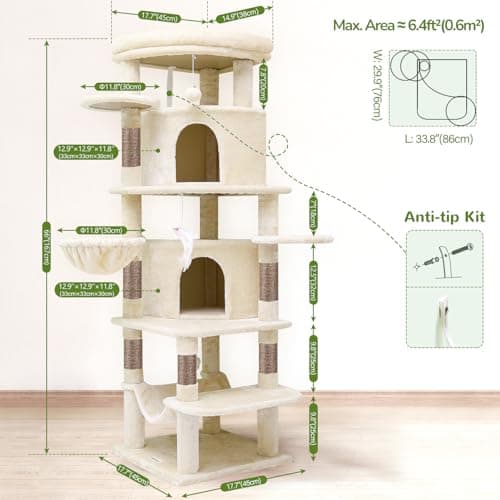 Globlazer Corner Cat Tree for Large Cats, 66inch Tall Curved Series Large Cat Tower for Multiple Indoor Cats with 6 Scratching Posts, 2 Spacious Cat Condos, Hammock, Hanging Basket, C66, Beige 7