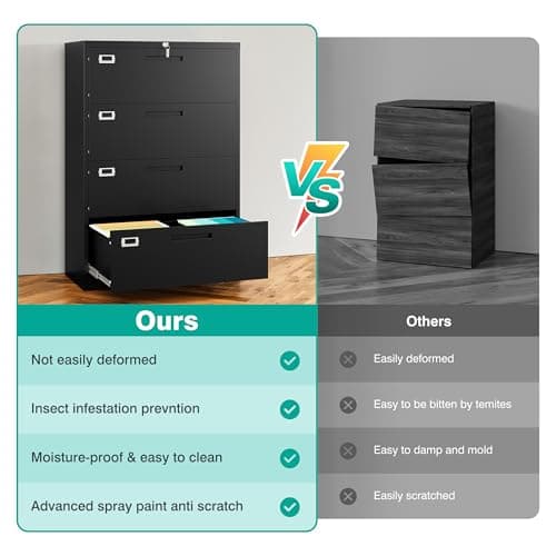 SISESOL 4 Drawer Lateral File Cabinet with Lock,Black Lateral Filing Cabinet,Horizontal Metal Filing Cabinet,Locked Wide Four Drawer File Cabinet for Office Home,Fit A4/F4/Letter/Legal File 8