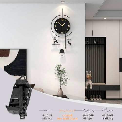 JUJUDA Large Black Wall Clock for Living Room Decor 14 Inch Big Metal Minimalist Decorative Wall Clock with Pendulum Battery Operated Non Ticking Silent Modern Clock for Kitchen Office Bedroom Decor 5