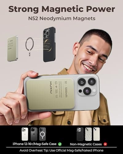 KU XIU 2025 Solid-State Magnetic Portable Charger 5000mAh, Qi2-Certified 15W Wireless Power Bank, High Energy Density & Safety, Travel Magnetic Battery Pack for iPhone 17/16/15/14/13/12-Titanium 5