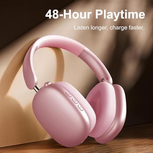 Wireless Over Ear Headphones, Noise Canceling Bluetooth 5.3 Headphones with Microphones,Hi-Res Audio,48H Playtime,Foldable,Breathable Soft Earpads for iOS/Android/Samsung/PC-Pink 7