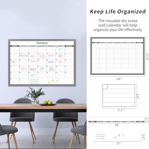 Large Dry Erase Calendar - Undated 1 Monthly Wall Calendar Laminated, 40" x 28", Blank Reusable Calendar Planner with Large Daily Boxes, Notes, Stickers, Great for Home, Office, Classroom, Grey 8