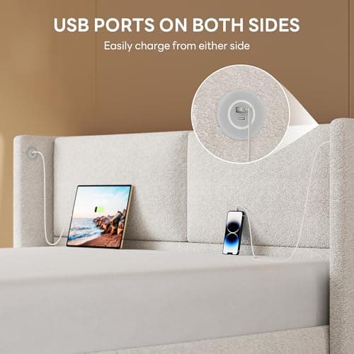 LIKIMIO Full Bed Frame with Headboard, Upholstered Boucle Platform Bed with USB Ports, Base Camas Full No Box Spring Needed, Cream White 5