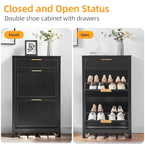VIPLUMI 2 Flip Drawers Shoe Cabinet Storage for Entryway, Narrow Hidden Shoes Organizer for Front Door Entrance, Free Standing Shoes Cabinet Wooden Hallway Shoe Rack(Black) 6