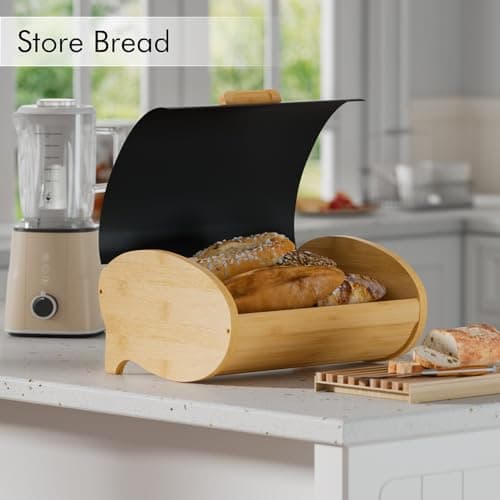 Modern Bread Box for Kitchen Countertop, Bamboo Storage Container with Stainless Steel Lid, Bread Storage Bin for Homemade Bread, Counter Organizer for Snack Tea Coffee Sugar (Black Large) 7