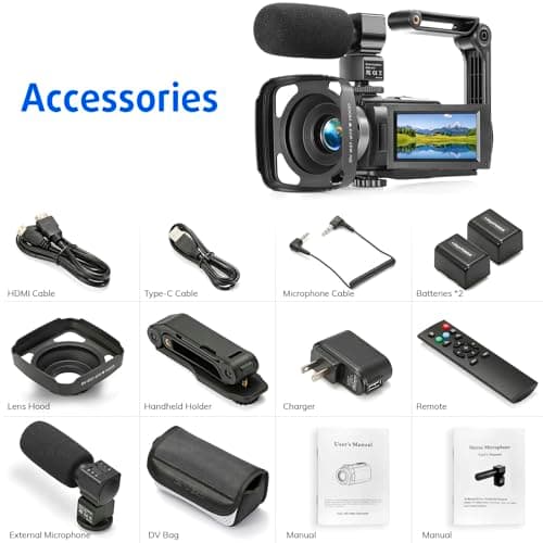 Camcorder FHD 1080P Video Camera for YouTube with 30FPS 36MP 3.0 Inch 270 Degree Rotation LCD, 16X Digital Zoom Vlogging Camera for Beginners with 2 Batteries Microphone, Remote, Stabilizer, Lens Hood 7