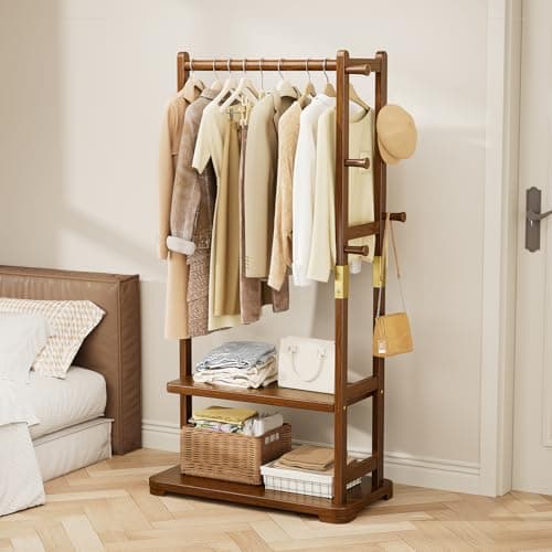 Taitiy Coat Rack Solid Wood Clothes Rack with 2 Shelves & 4 Hooks for Hanging Clothes Garment Wallets Hats, Clothing Rack Heavy Duty Coat Rack Freestanding with Storage Hall Tree for Hallway Bedroom 9