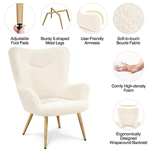 Yaheetech Accent Chair, Modern Boucle Vanity Chair with High Back and Wood-Tone Metal Legs, Sherpa Chair for Living Room, Home Office, Ivory 5