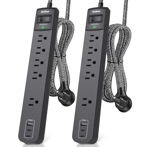 2 Pack Power Strip Surge Protector - 5 Widely Spaced Outlets 3 USB Charging Ports, 1875W/15A 6Ft Braided Extension Cord, Flat Plug Overload Protection, Wall Mount for Home Office Dorm Room Essentials