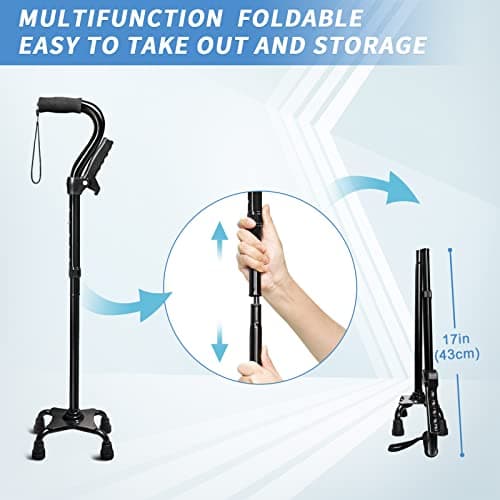 Adjustable Walking Cane for Men & Women with 4-Pronged Base for Extra Stability - Foldable Cane for Seniors with Foam Padded Offset Handle for Soft Grip & a Second Handle for Standing Black 7