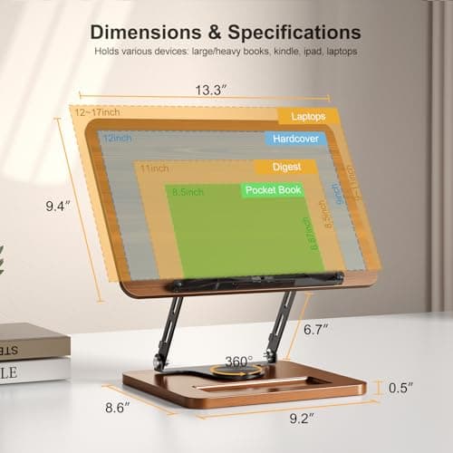 Book Stand for Reading, 360° Rotating Hands Free Book Holder, Adjustable Height and Angle, Page Clip for Cookbook, Recipe, Magazine, Laptop,Tablet, Foldable for Kitchen, Office, School 6