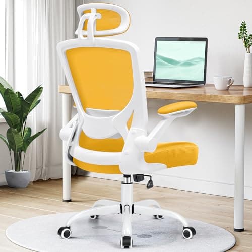 KERDOM Ergonomic Office Chair, Breathable Mesh Desk Chair, Lumbar Support Computer Chair with Headrest and Flip-up Arms, Swivel Task Chair, Adjustable Height Gaming Chair, Yellow