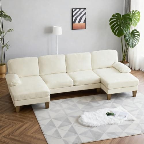 Karl home U-Shape Sectional Sofa Couch 111" Modern 4-Seat Sofa with Chaises Chenille Fabric Upholstered Covertible Couch with Wood Grain Legs for Living Room, Reception Room, Apartment, Beige