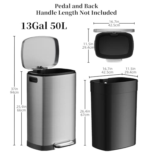 KdbK 13 Gallon Trash Can with Lid, 50L Fingerprint Proof Stainless Steel Kitchen Trash Can with Removable Inner Bucket and Lid Soft Close, Pedal Rubbish Bin for Home Office（Silver） 7