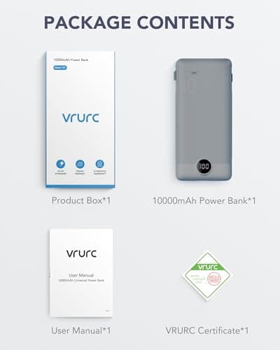 VRURC Portable Charger Built-in Cables and AC Wall Plug, USB C Power Bank 10000mAh, Travel Battery Portable Phone Charger Compact Lightweight External Battery Pack for Smart Phones, Tablets etc-Grey 8