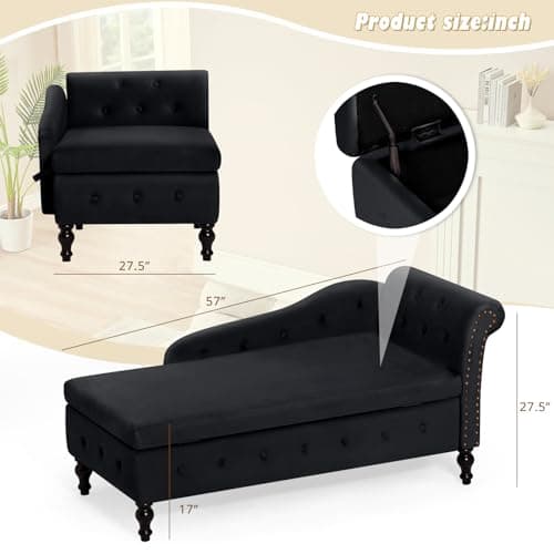 ACMEASE Chaise Lounge with Right Armrest & Lumbar Pillow,Button Tufted Lounge Sofa with Storage,Lounge Chair Indoor,Modern Upholstered Velvet Lounge Chair for Bedroom, Living Room and Office,Black 6