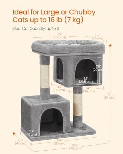 Feandrea Cat Tree, 33.1-Inch Cat Tower, Plush Condo for Large Cats up to 16 lb, Large Perch, 2 Caves, Scratching Post, Light Gray UPCT61W 5